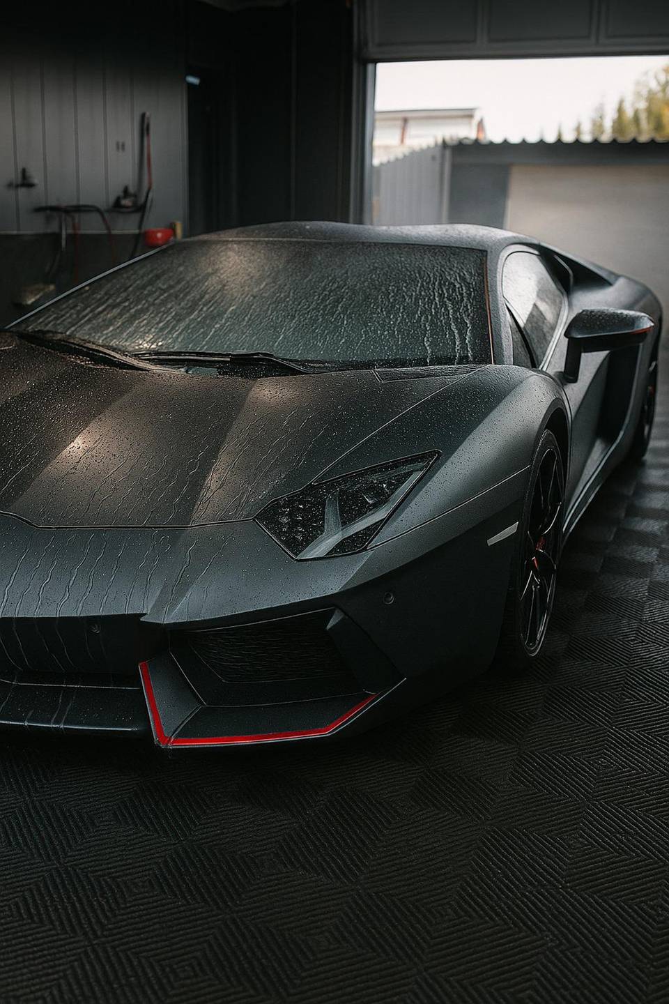 Lamborghini Aventador in Mattgrau mit Wassertropfen in der Halle von Care Performance