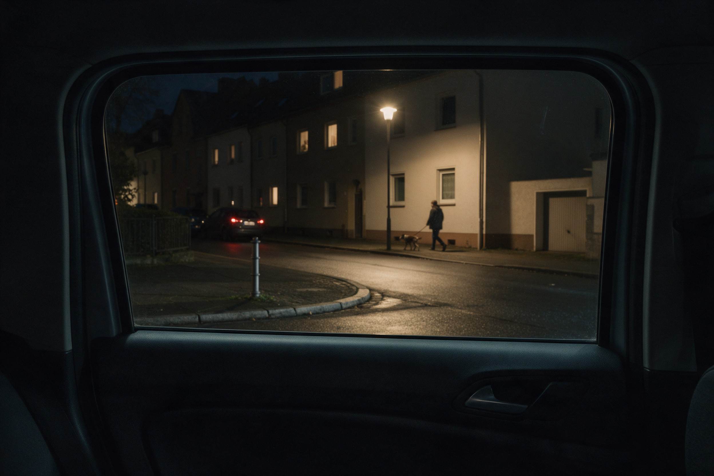 Blick von der Rückbank durch die hintere Seitenscheibe auf eine Wohnstraße bei Nacht mit Laterne, Fußgänger und Hund